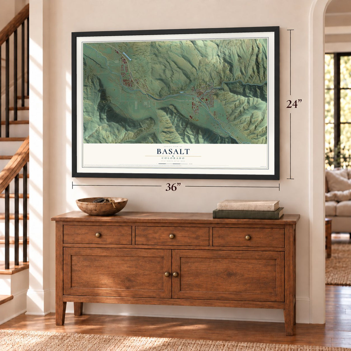 Basalt, Colorado map, 24 x 36 inch print in a black frame above a dresser by a staircase