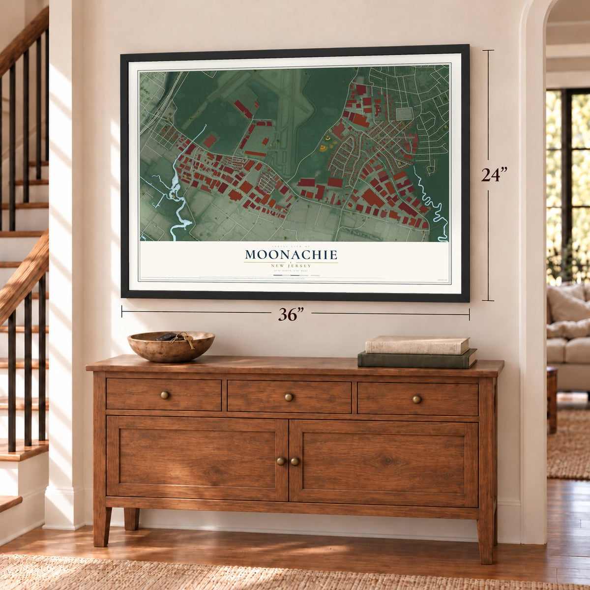 Moonachie, New Jersey map, 24 x 36 inch print in a black frame above a dresser by a staircase
