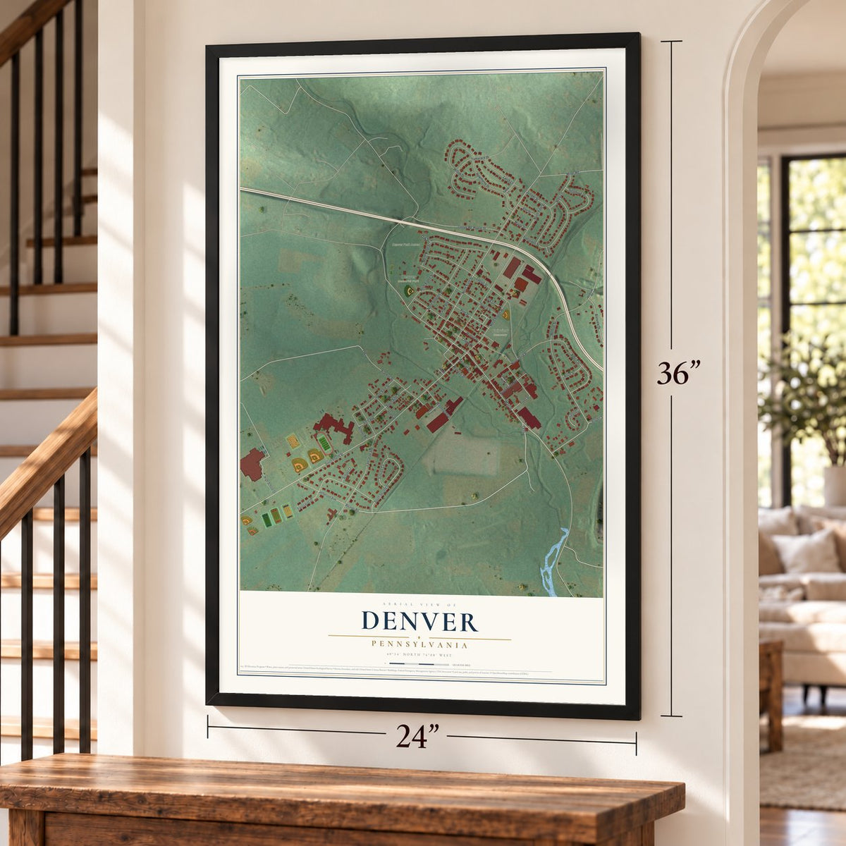 Denver, Pennsylvania map, 24 x 36 inch print in a black frame by a staircase