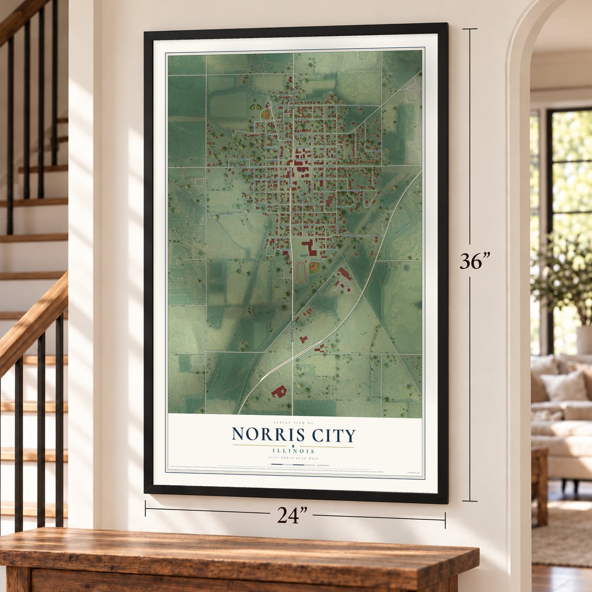 Norris City, Illinois map, 24 x 36 inch print in a black frame by a staircase