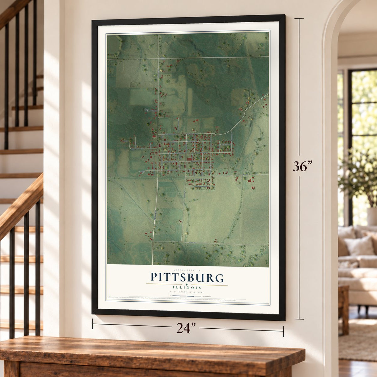 Pittsburg, Illinois map, 24 x 36 inch print in a black frame by a staircase