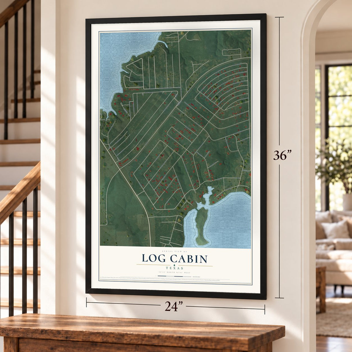 Log Cabin, Texas map, 24 x 36 inch print in a black frame by a staircase