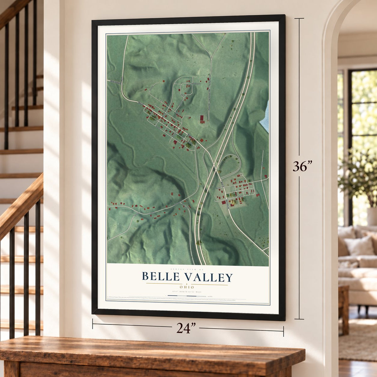 Belle Valley, Ohio map, 24 x 36 inch print in a black frame by a staircase