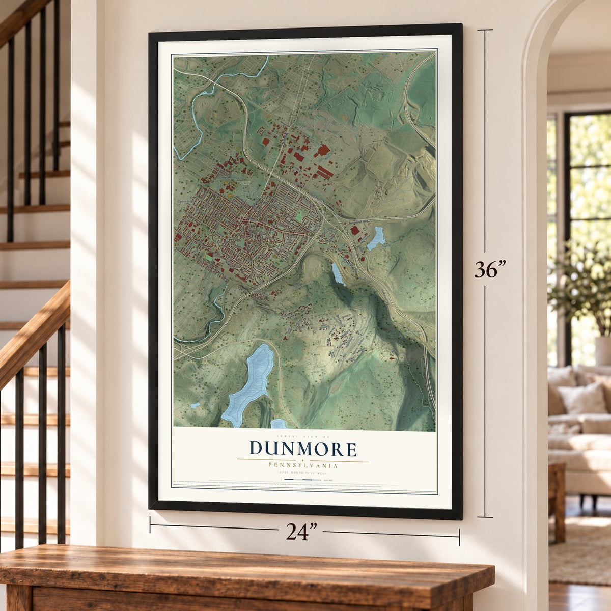 Dunmore, Pennsylvania map, 24 x 36 inch print in a black frame by a staircase