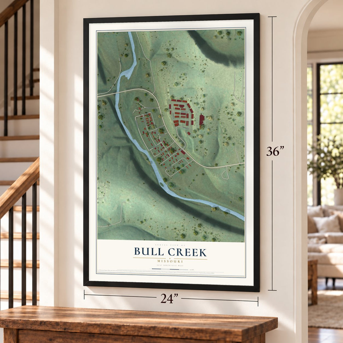 Bull Creek, Missouri map, 24 x 36 inch print in a black frame by a staircase