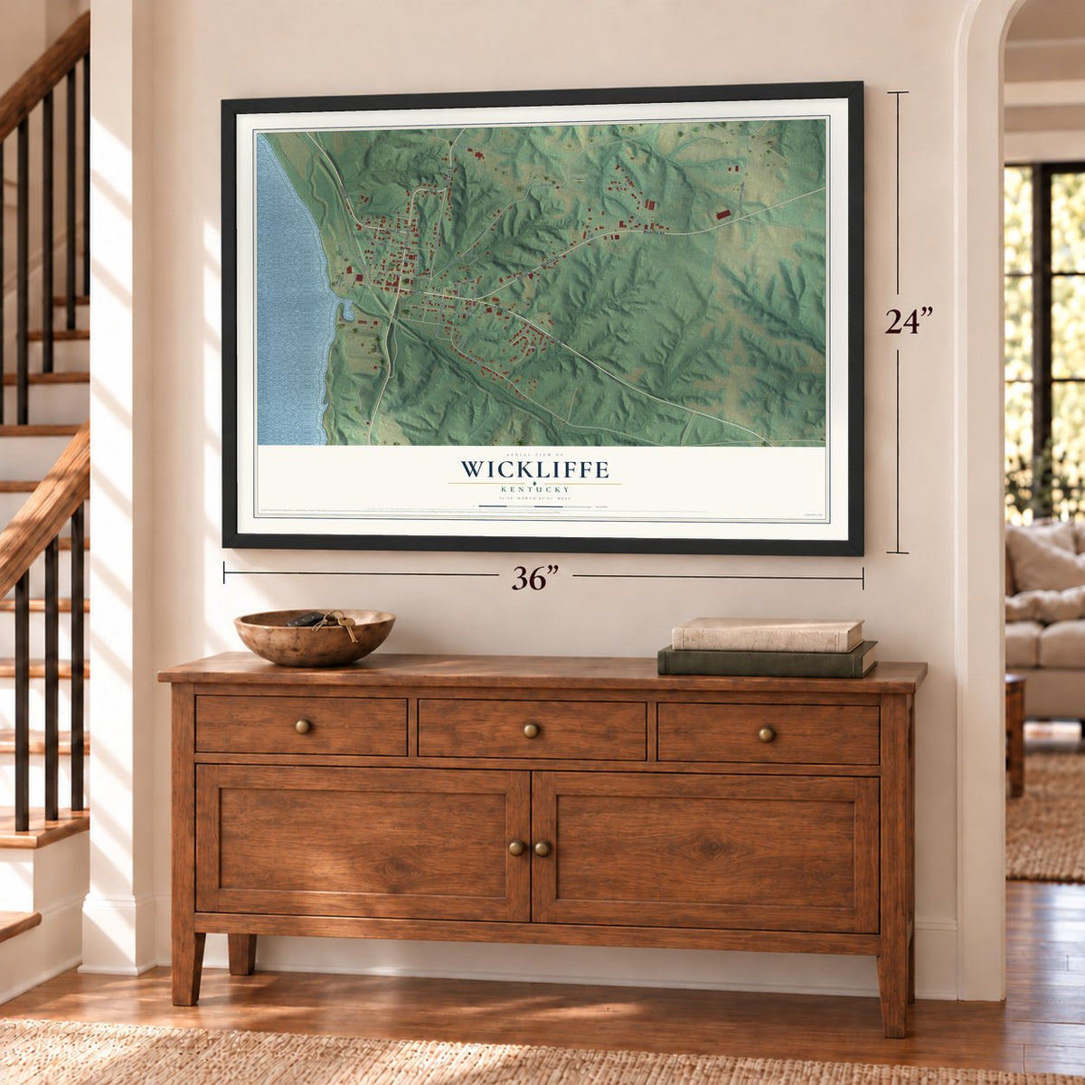 Wickliffe, Kentucky map, 24 x 36 inch print in a black frame above a dresser by a staircase