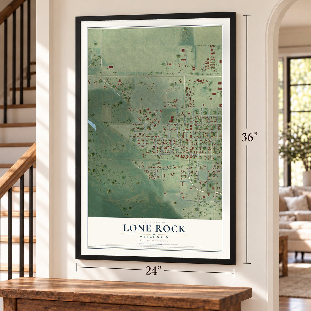 Lone Rock, Wisconsin map, 24 x 36 inch print in a black frame by a staircase