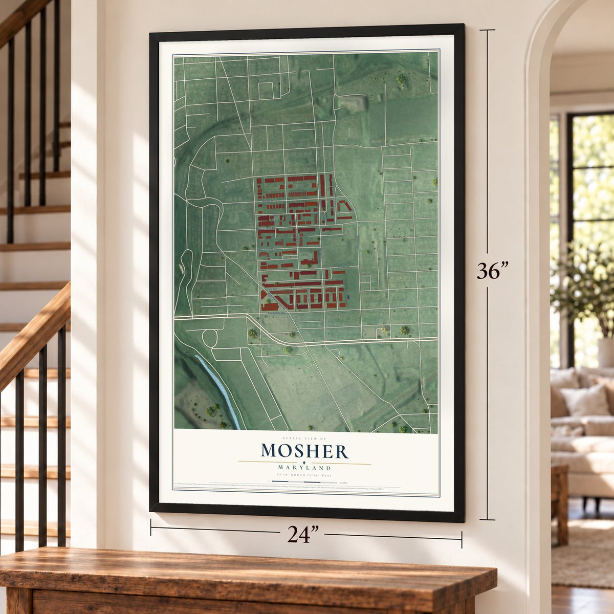 Mosher, Maryland map, 24 x 36 inch print in a black frame by a staircase