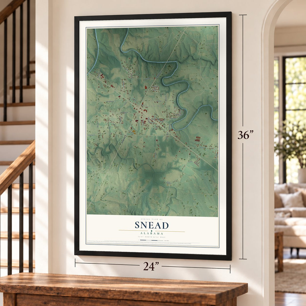Snead, Alabama map, 24 x 36 inch print in a black frame by a staircase