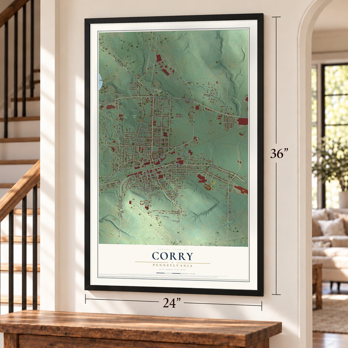 Corry, Pennsylvania map, 24 x 36 inch print in a black frame by a staircase