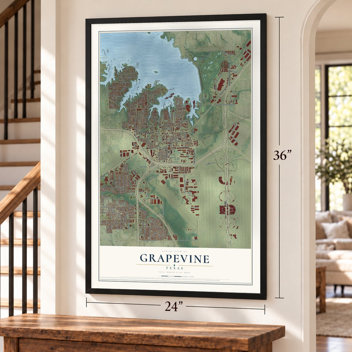 Grapevine, Texas map, 24 x 36 inch print in a black frame by a staircase