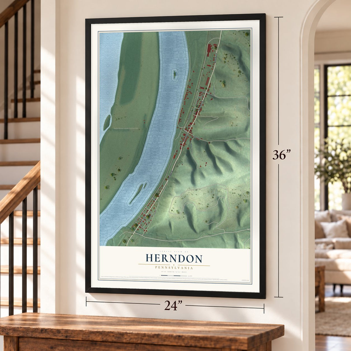 Herndon, Pennsylvania map, 24 x 36 inch print in a black frame by a staircase
