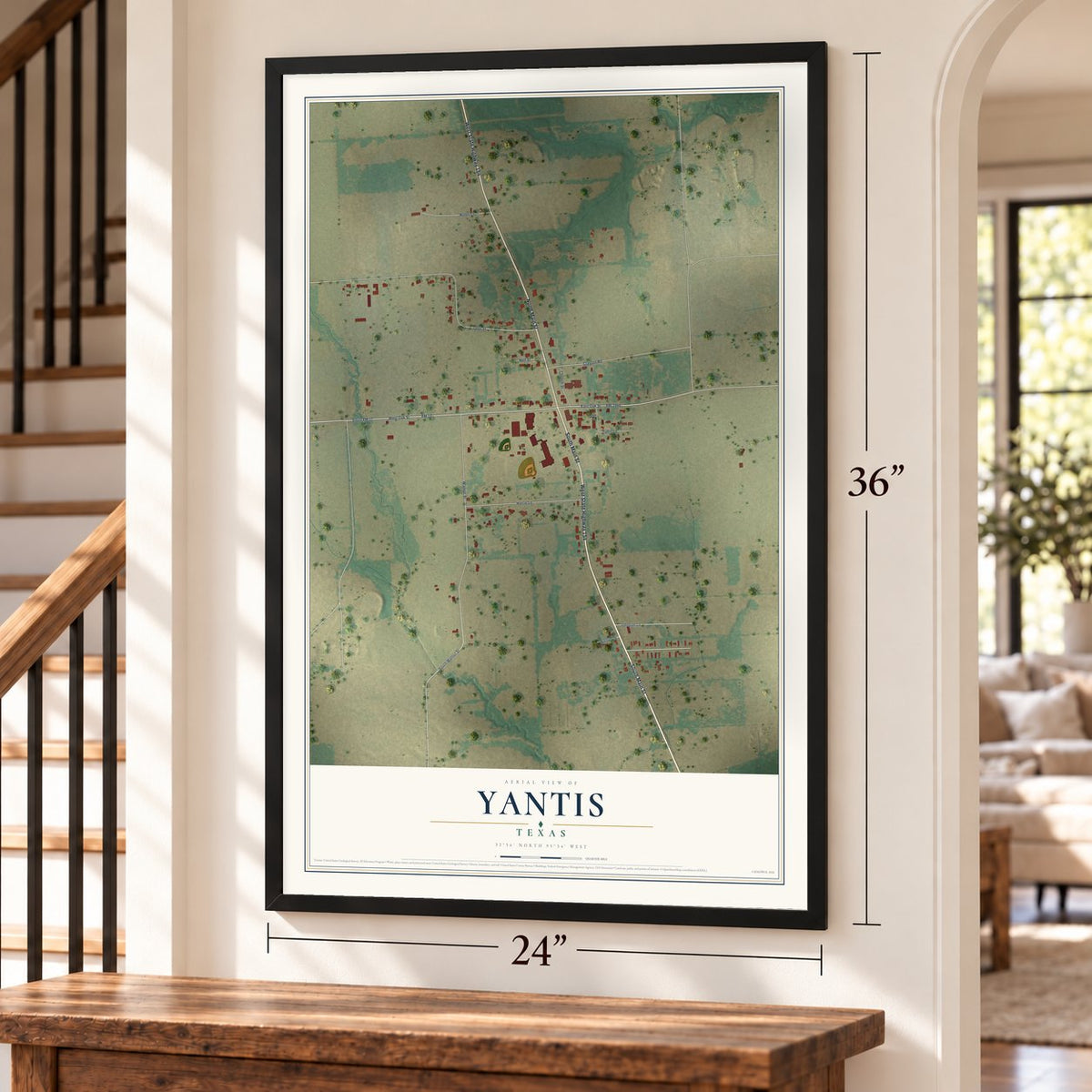 Yantis, Texas map, 24 x 36 inch print in a black frame by a staircase
