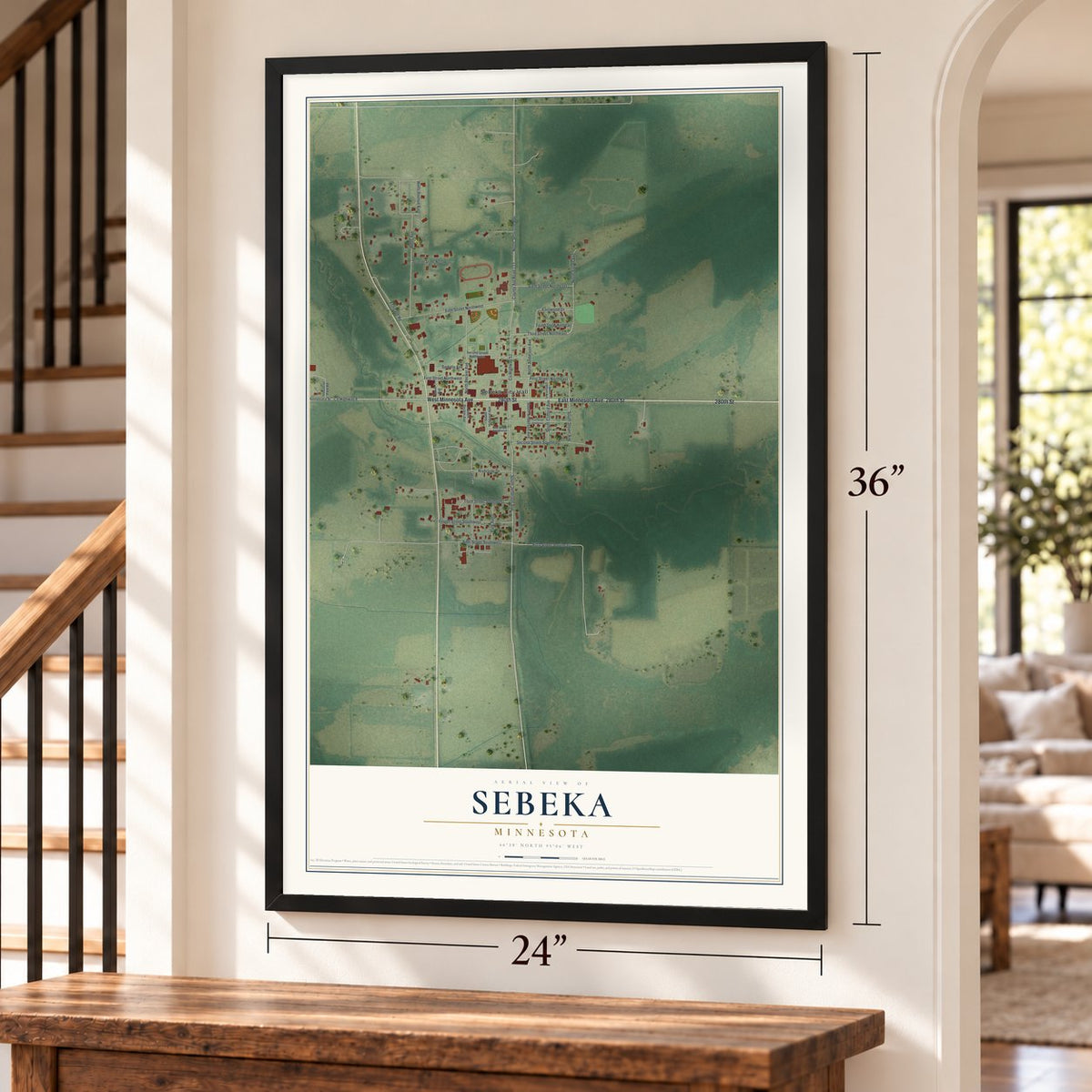 Sebeka, Minnesota map, 24 x 36 inch print in a black frame by a staircase
