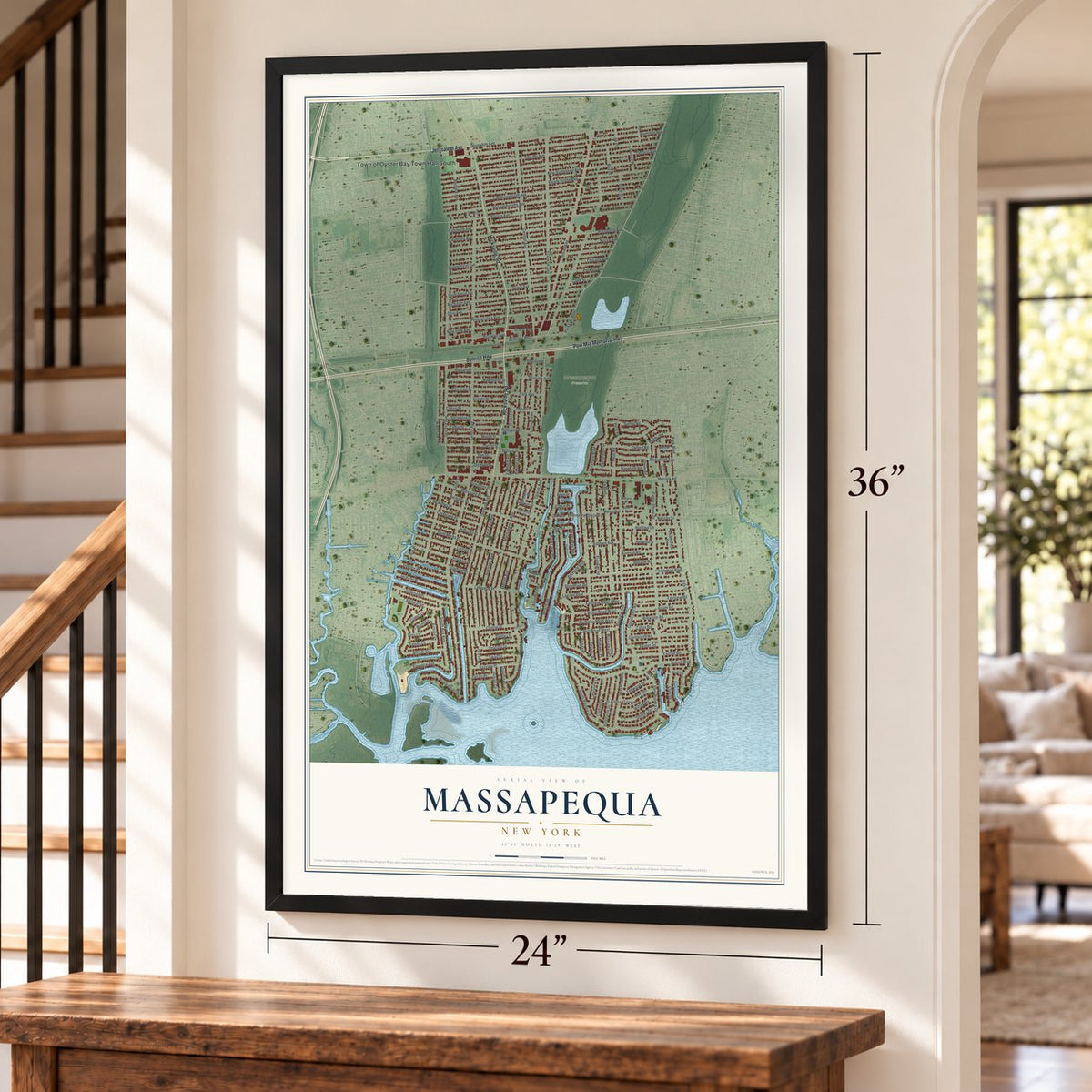 Massapequa, New York map, 24 x 36 inch print in a black frame by a staircase