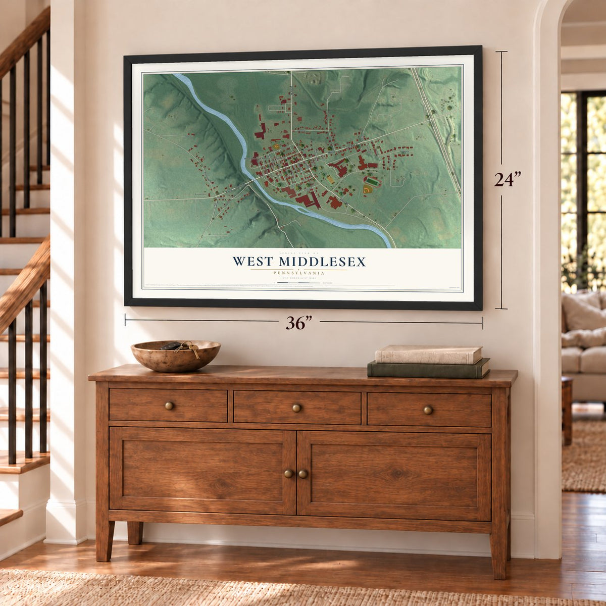 West Middlesex, Pennsylvania map, 24 x 36 inch print in a black frame above a dresser by a staircase