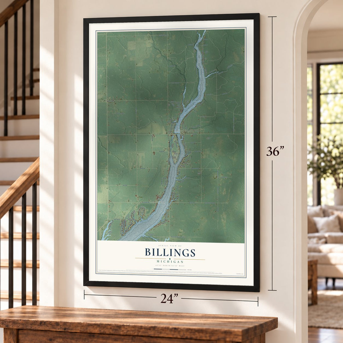 Billings, Michigan map, 24 x 36 inch print in a black frame by a staircase