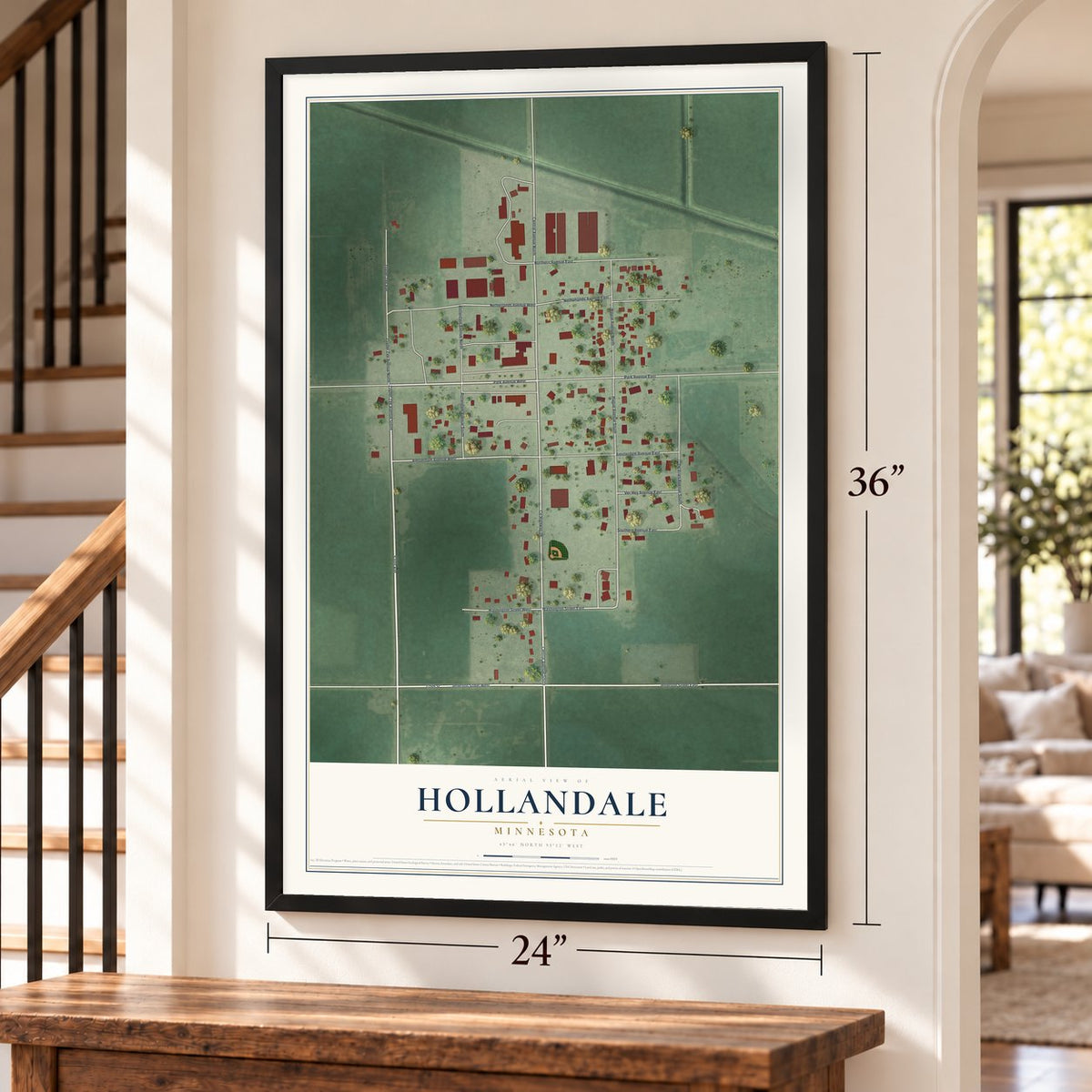 Hollandale, Minnesota map, 24 x 36 inch print in a black frame by a staircase
