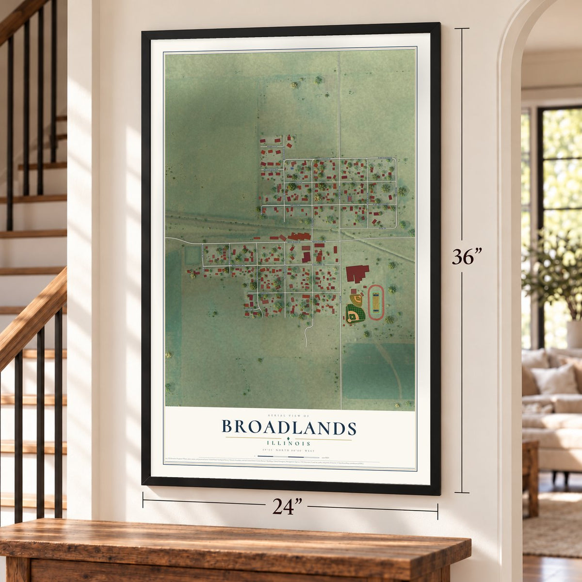 Broadlands, Illinois map, 24 x 36 inch print in a black frame by a staircase