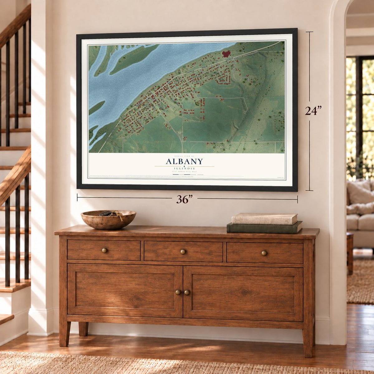 Albany, Illinois map, 24 x 36 inch print in a black frame above a dresser by a staircase