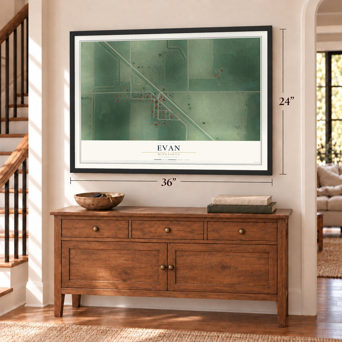 Evan, Minnesota map, 24 x 36 inch print in a black frame above a dresser by a staircase