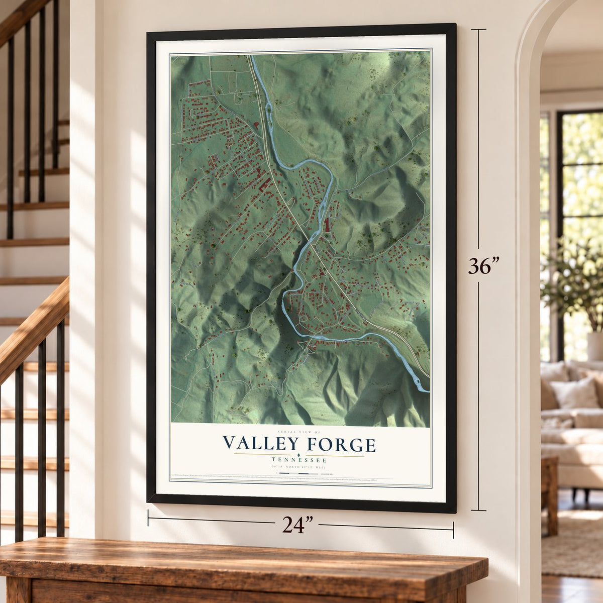 Valley Forge, Tennessee map, 24 x 36 inch print in a black frame by a staircase