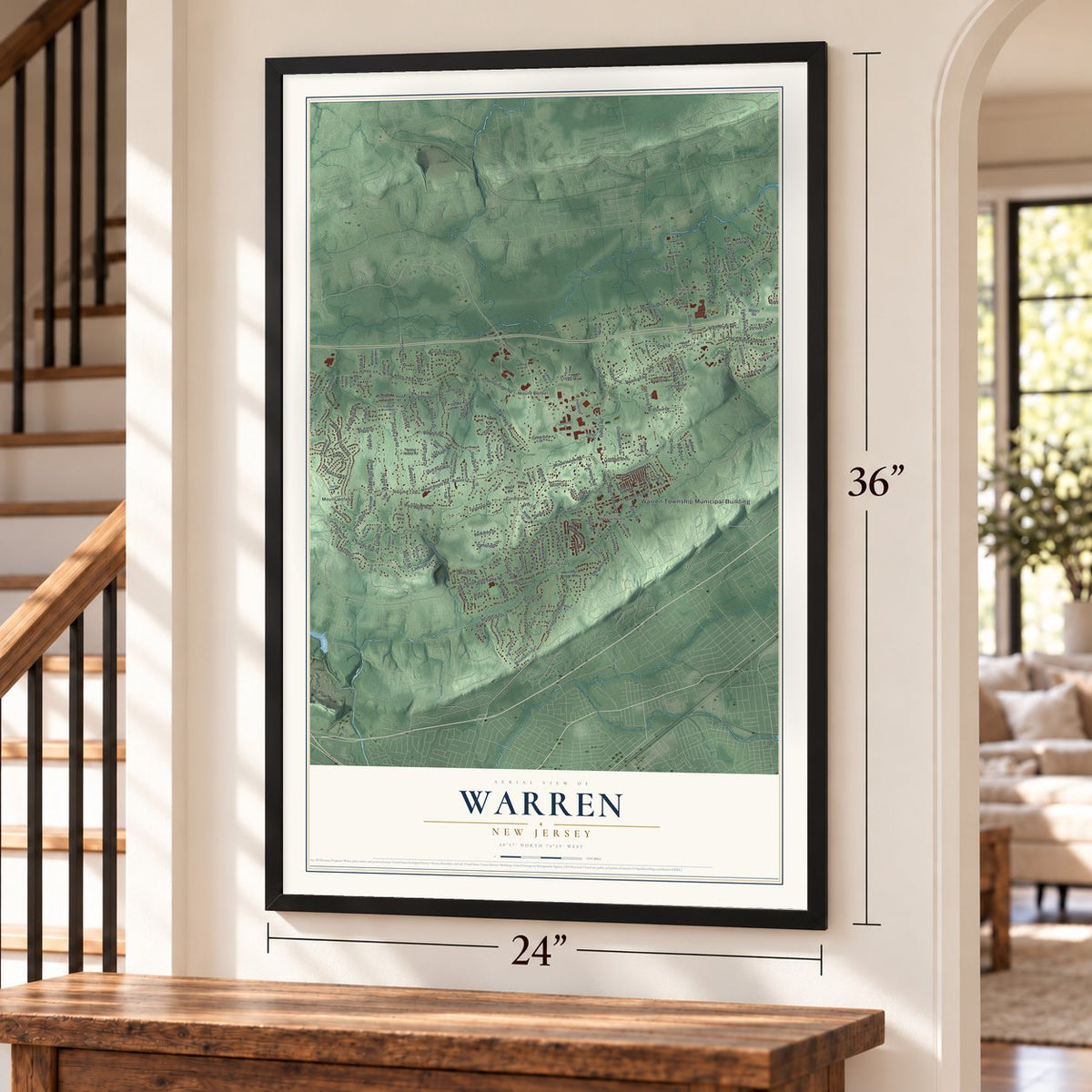 Warren, New Jersey map, 24 x 36 inch print in a black frame by a staircase