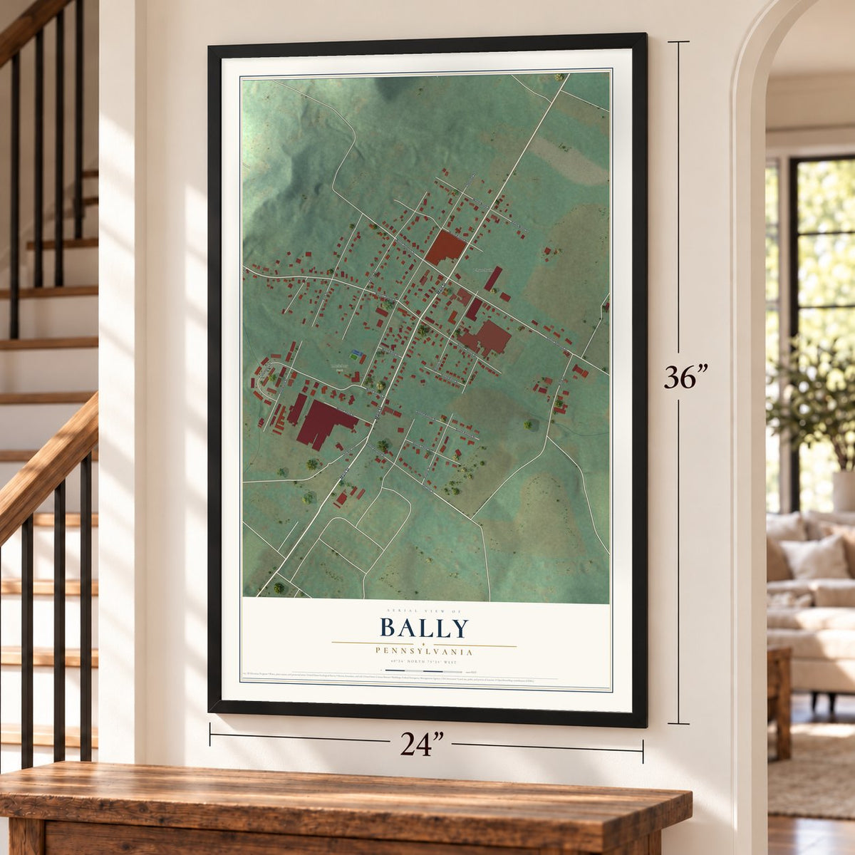 Bally, Pennsylvania map, 24 x 36 inch print in a black frame by a staircase