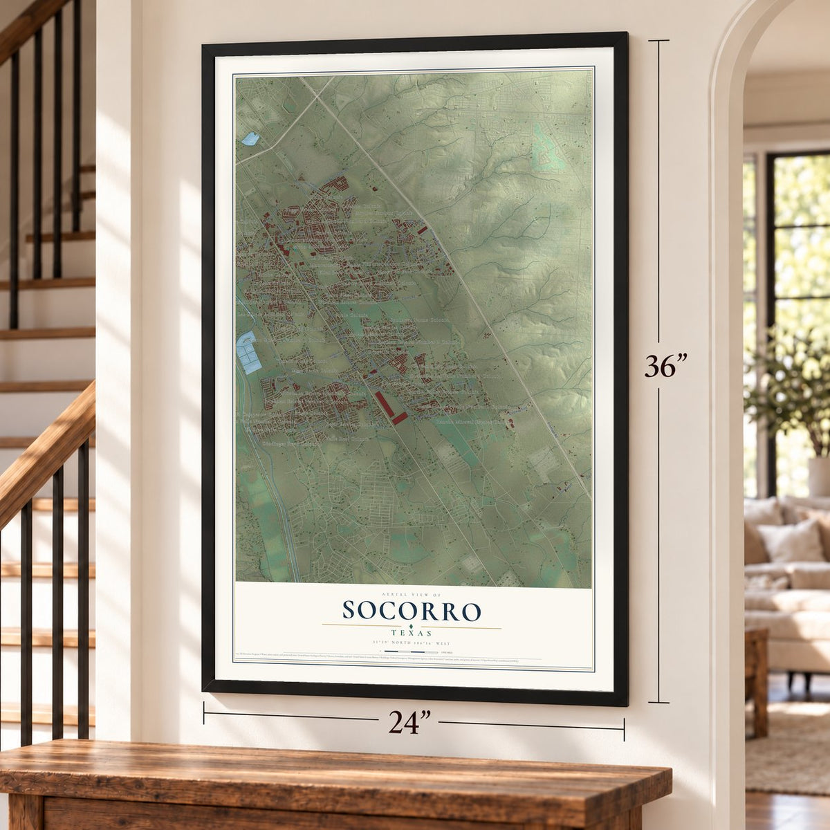 Socorro, Texas map, 24 x 36 inch print in a black frame by a staircase