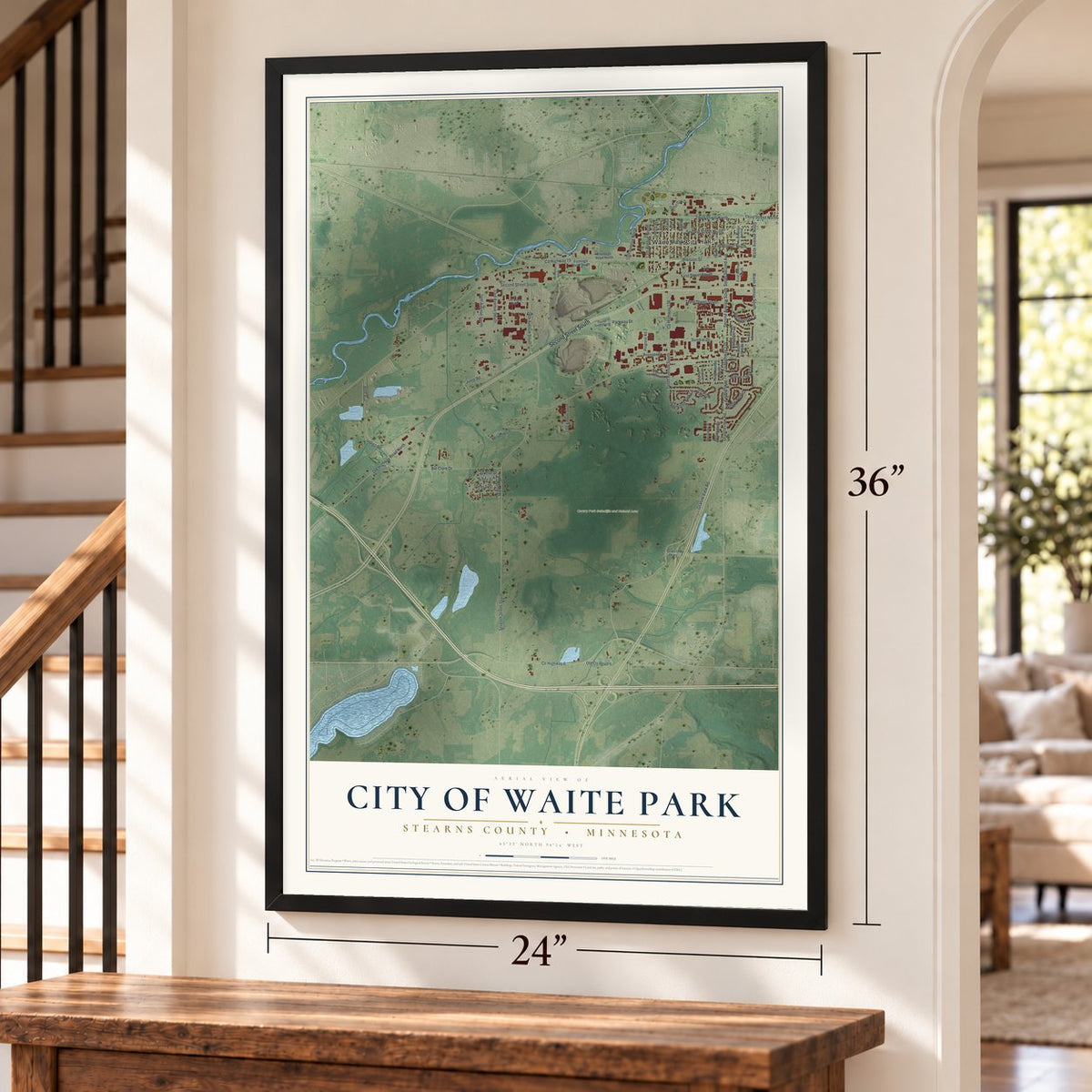 Waite Park, Minnesota map, 24 x 36 inch print in a black frame by a staircase