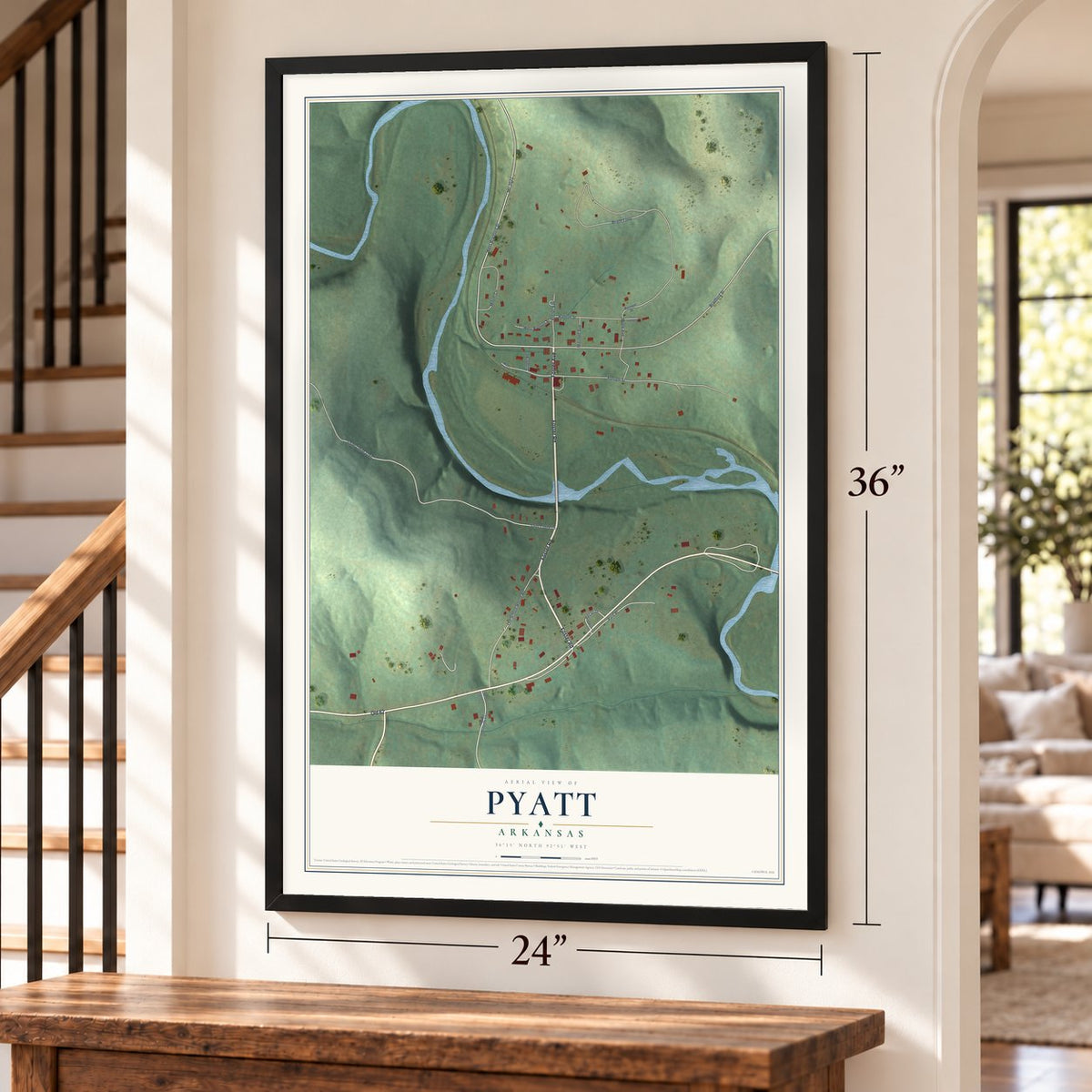 Pyatt, Arkansas map, 24 x 36 inch print in a black frame by a staircase