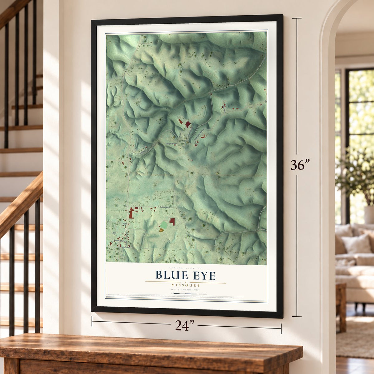 Blue Eye, Missouri map, 24 x 36 inch print in a black frame by a staircase