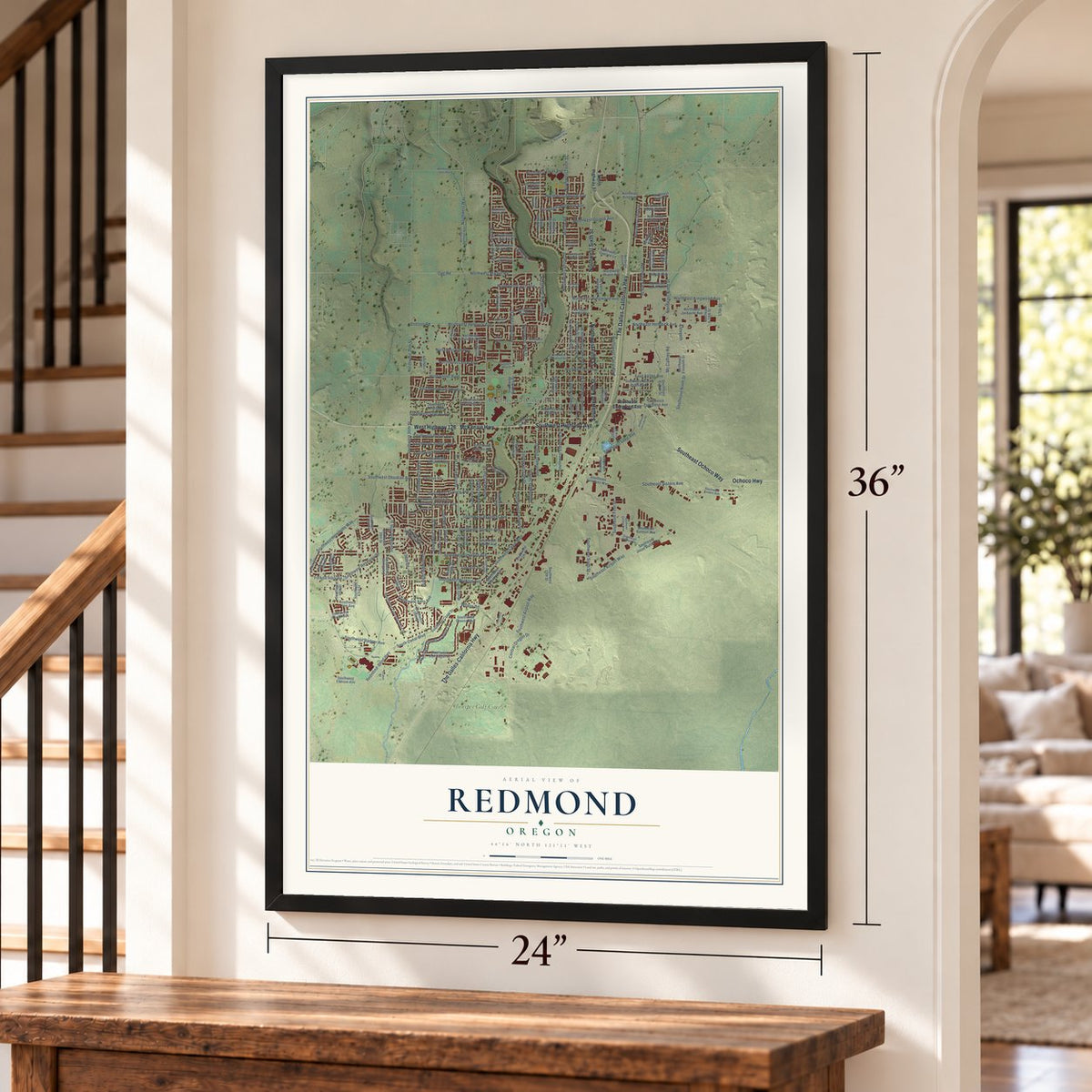 Redmond, Oregon map, 24 x 36 inch print in a black frame by a staircase