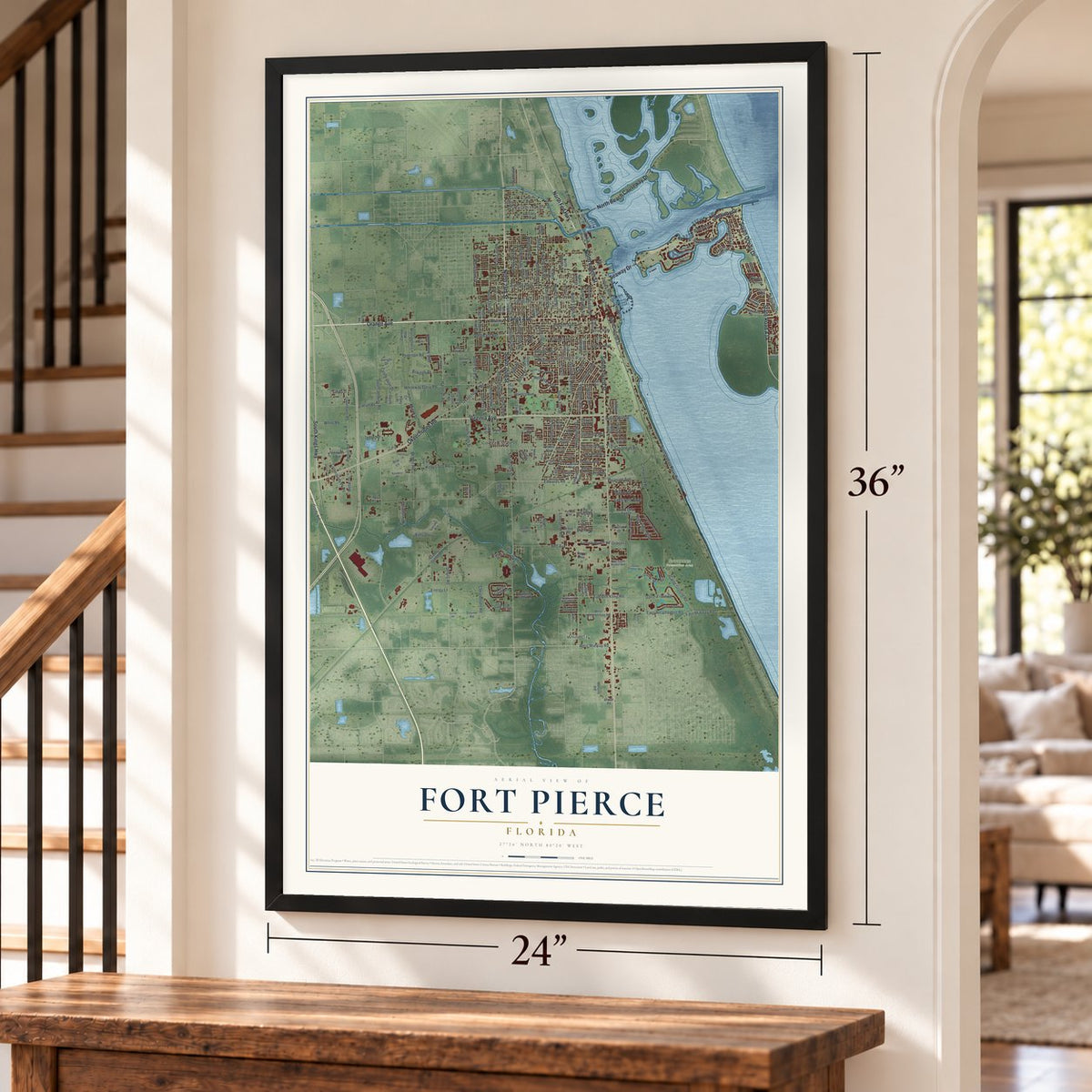 Fort Pierce, Florida map, 24 x 36 inch print in a black frame by a staircase