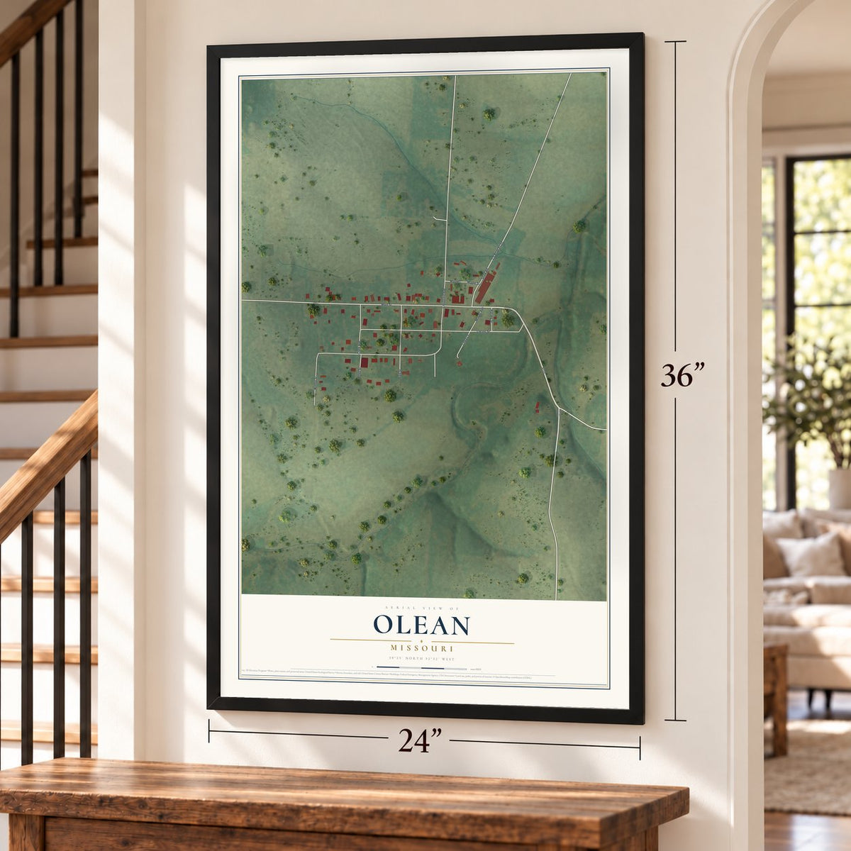 Olean, Missouri map, 24 x 36 inch print in a black frame by a staircase