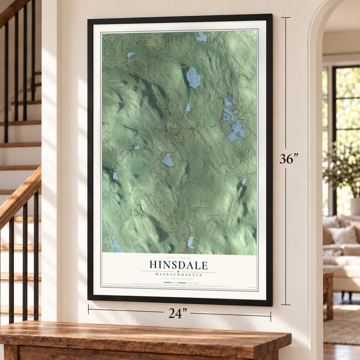Hinsdale, Massachusetts map, 24 x 36 inch print in a black frame by a staircase
