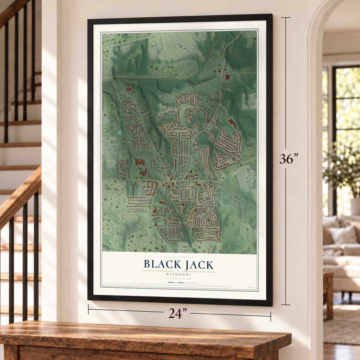 Black Jack, Missouri map, 24 x 36 inch print in a black frame by a staircase
