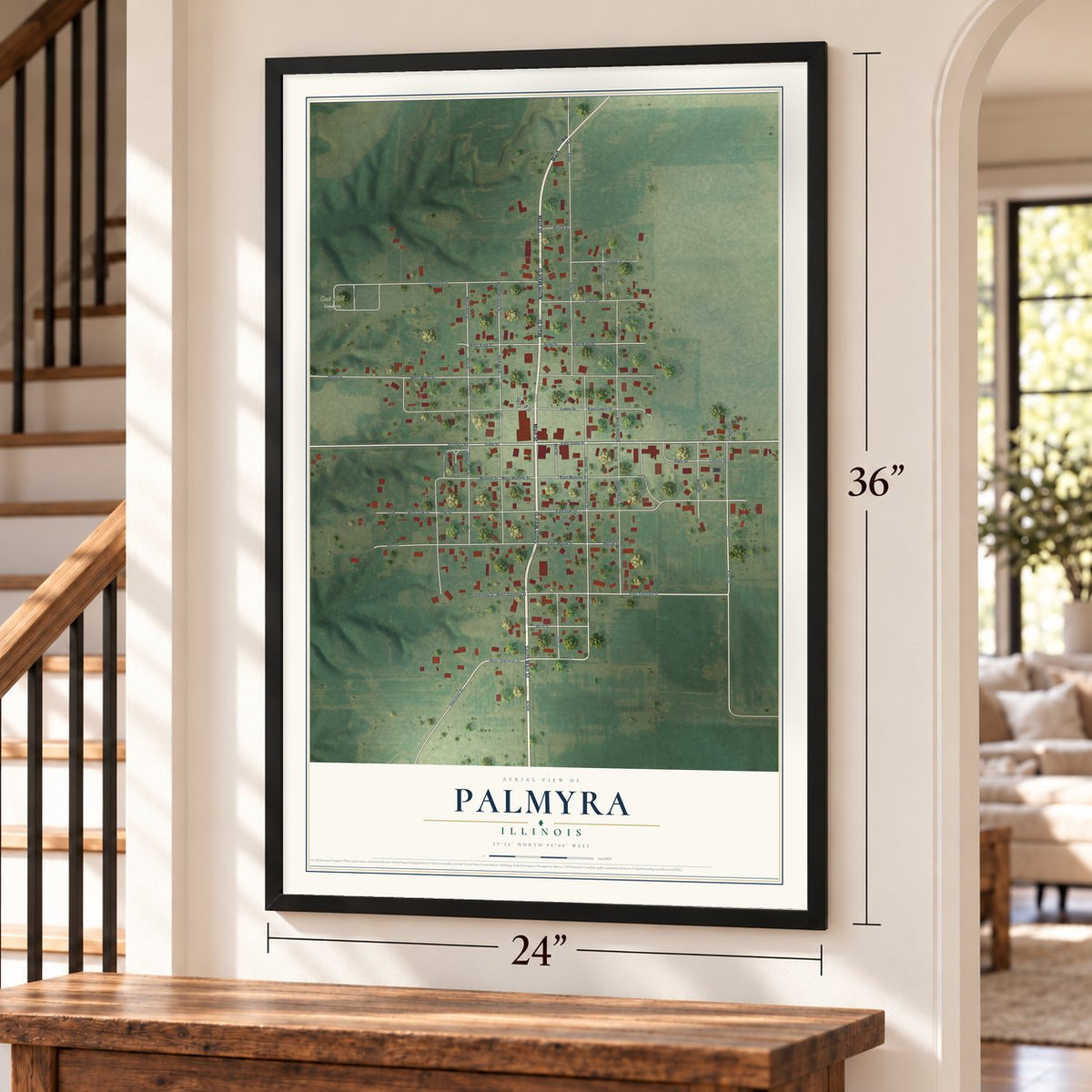 Palmyra, Illinois map, 24 x 36 inch print in a black frame by a staircase
