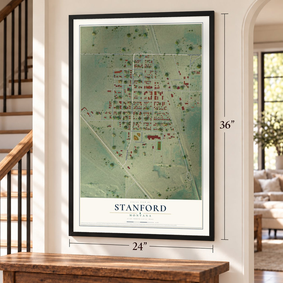 Stanford, Montana map, 24 x 36 inch print in a black frame by a staircase