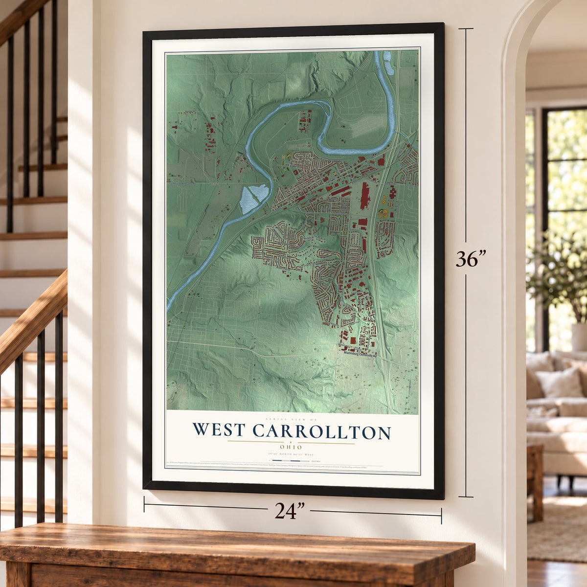 West Carrollton, Ohio map, 24 x 36 inch print in a black frame by a staircase