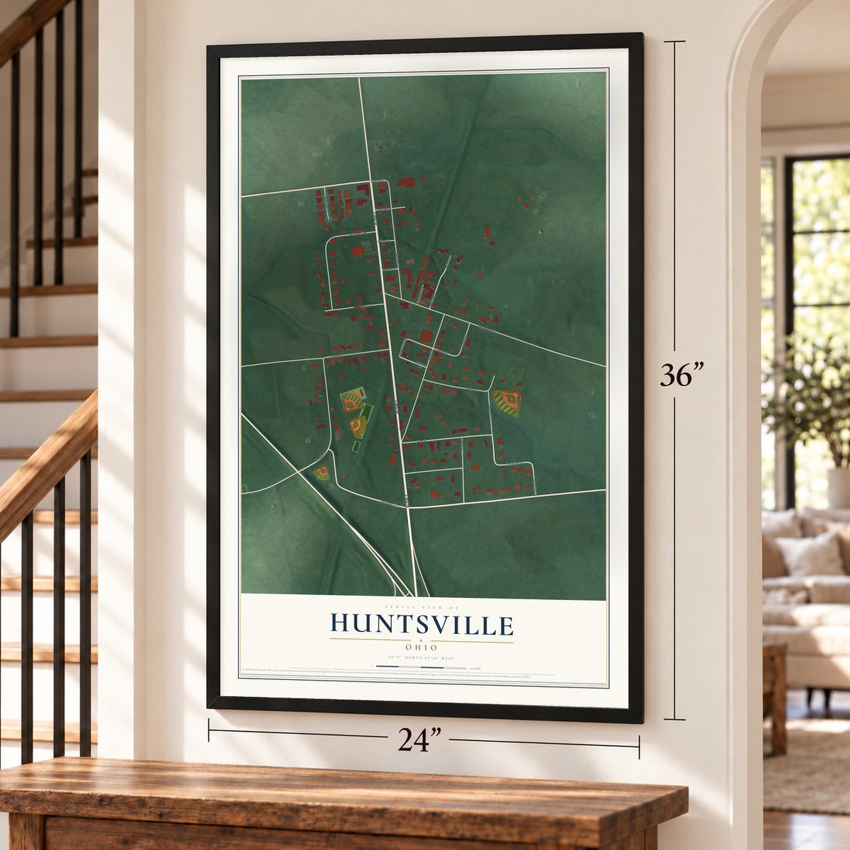 Huntsville, Ohio map, 24 x 36 inch print in a black frame by a staircase
