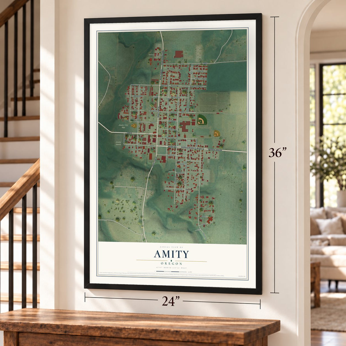 Amity, Oregon map, 24 x 36 inch print in a black frame by a staircase