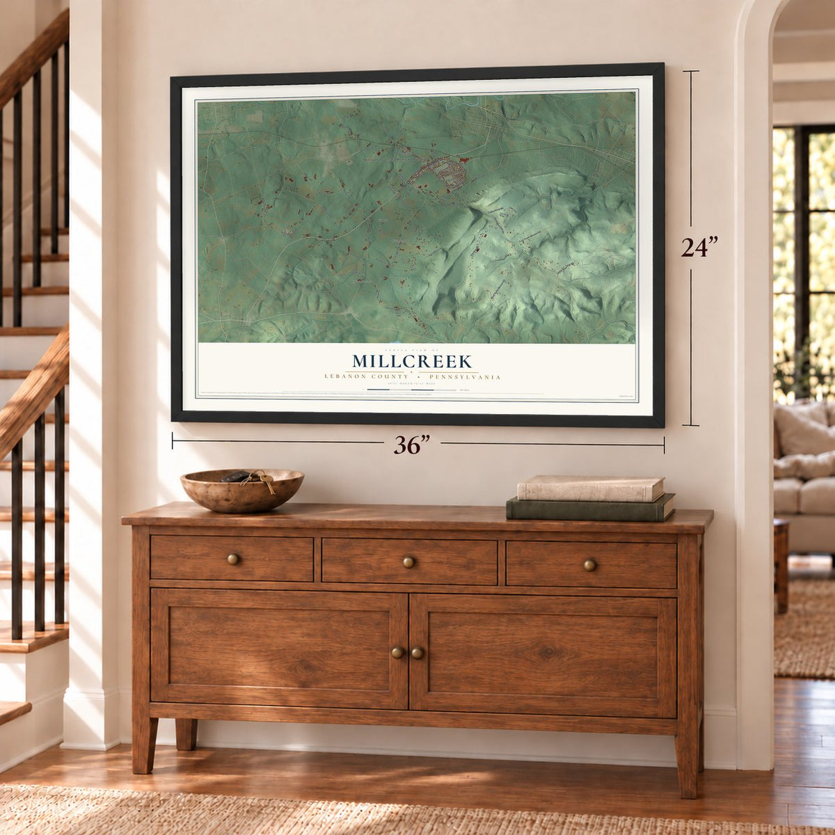 Millcreek, Lebanon County, Pennsylvania map, 24 x 36 inch print in a black frame above a dresser by a staircase