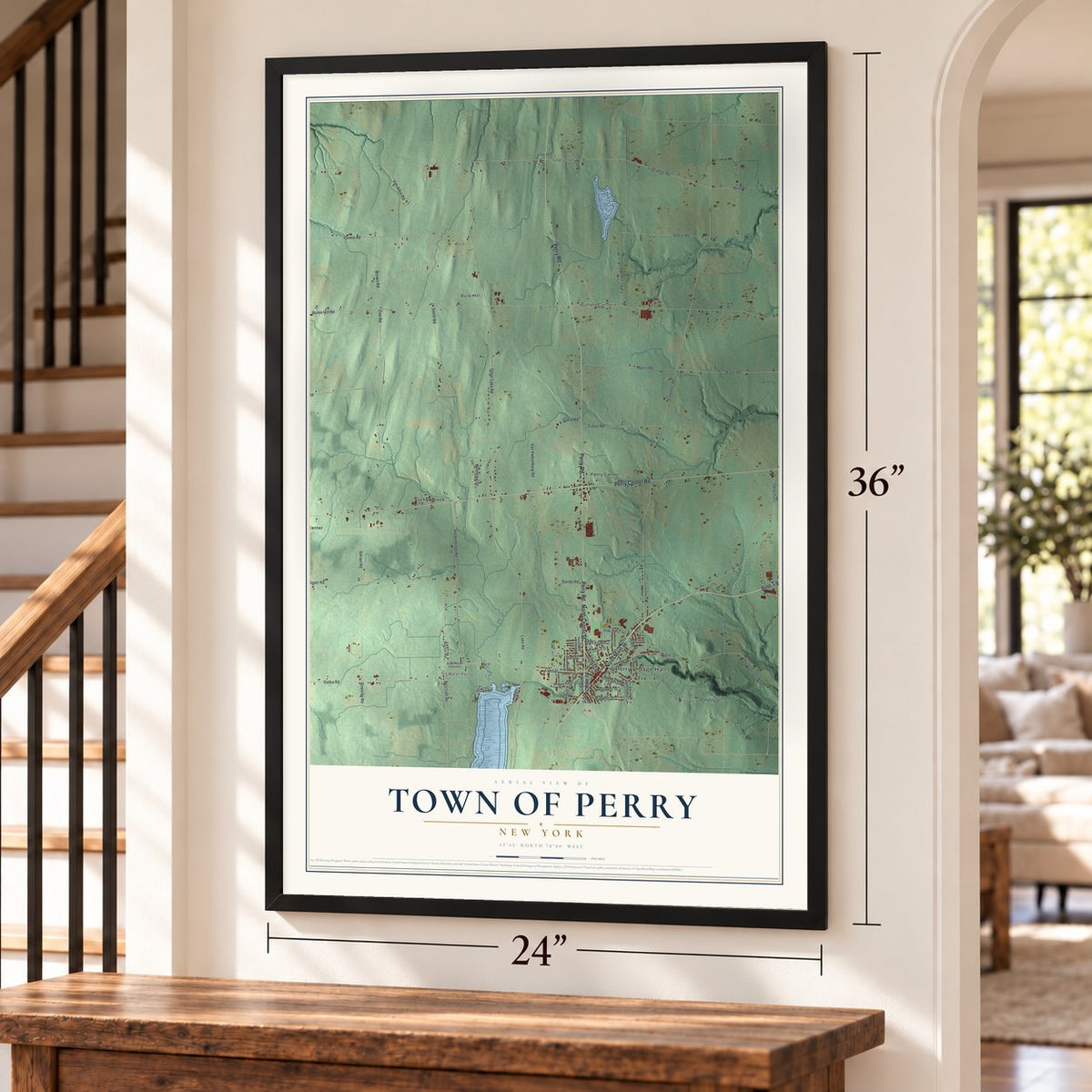 Town of Perry, New York map, 24 x 36 inch print in a black frame by a staircase