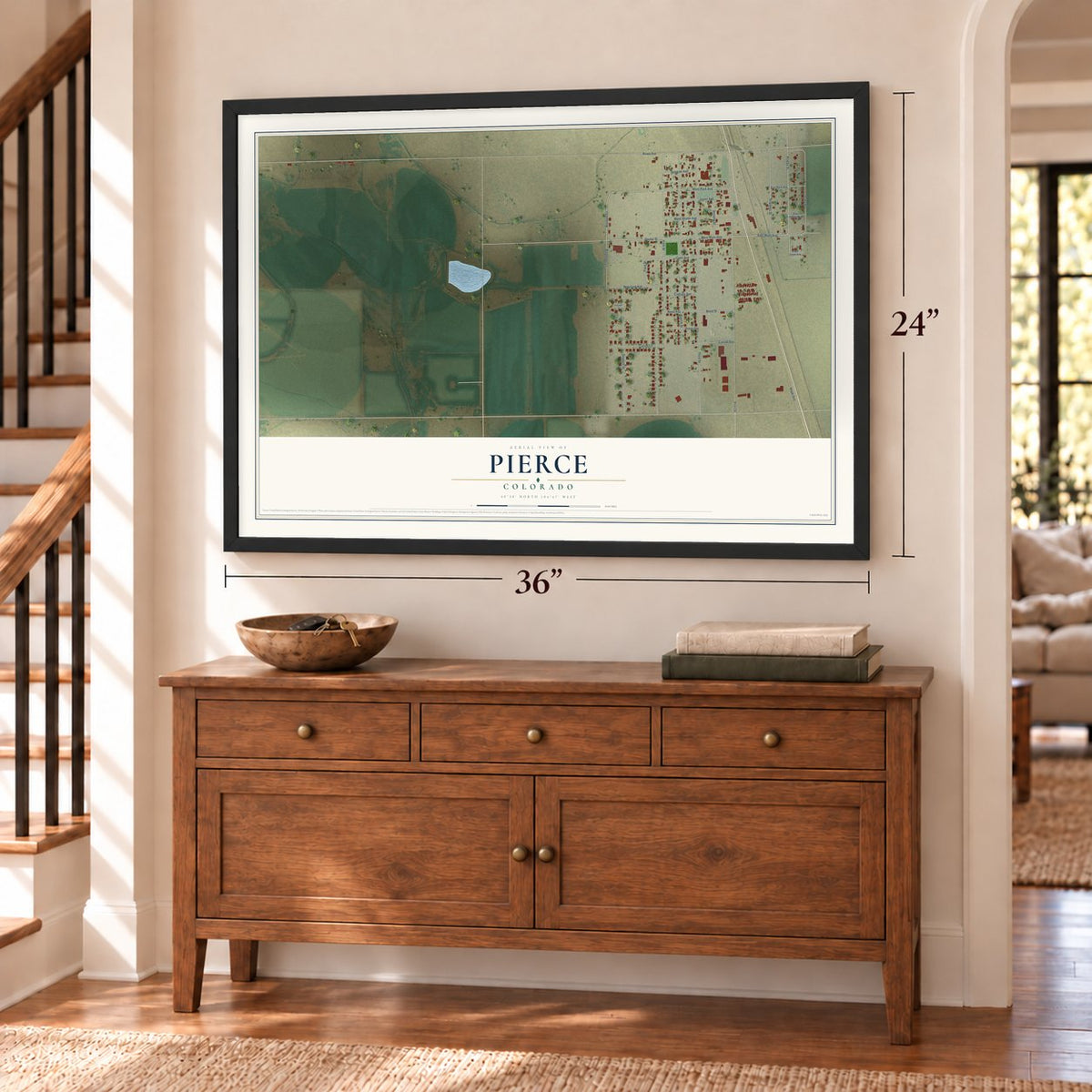 Pierce, Colorado map, 24 x 36 inch print in a black frame above a dresser by a staircase