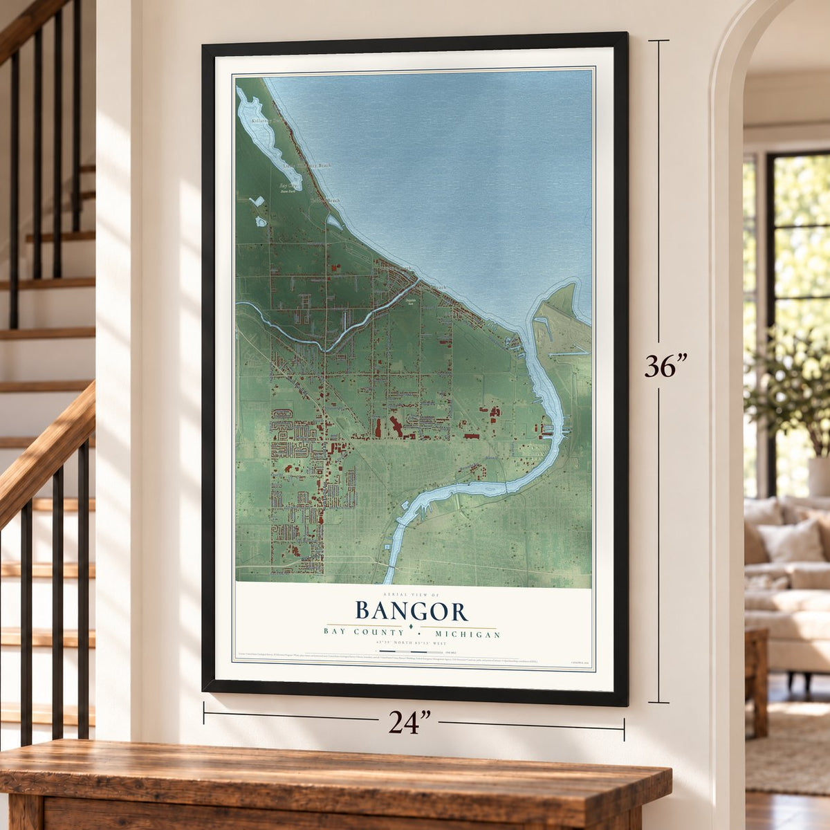 Bangor, Bay County, Michigan map, 24 x 36 inch print in a black frame by a staircase