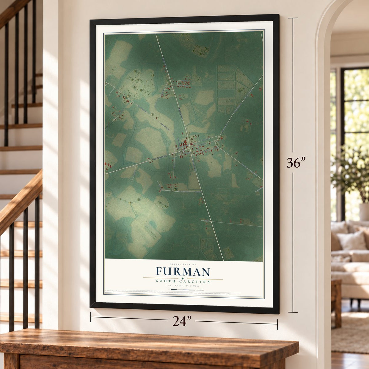 Furman, South Carolina map, 24 x 36 inch print in a black frame by a staircase