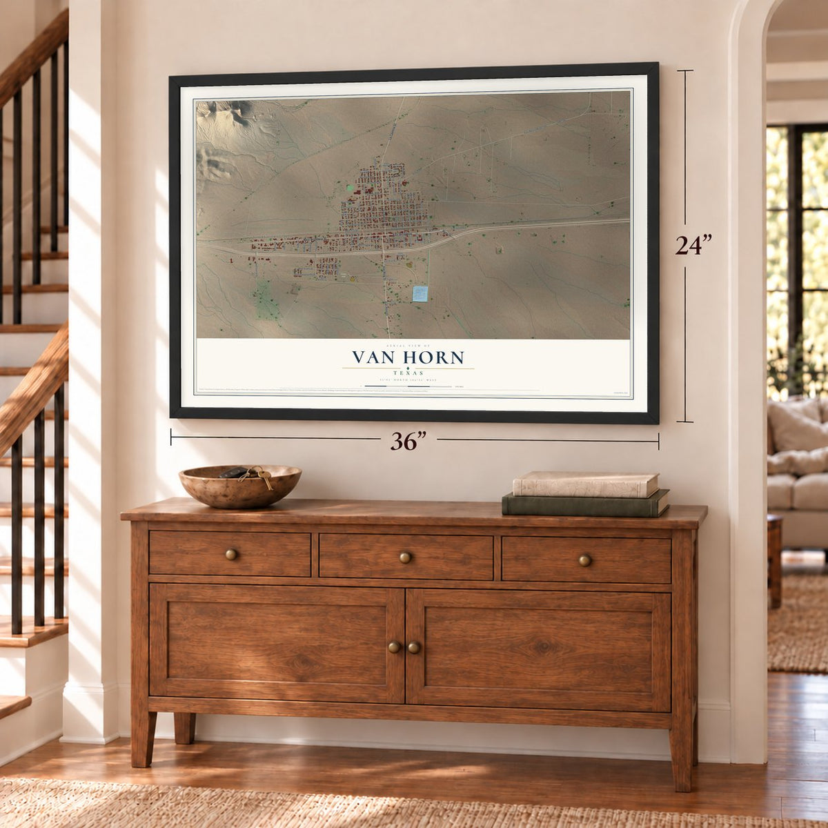 Van Horn, Texas map, 24 x 36 inch print in a black frame above a dresser by a staircase