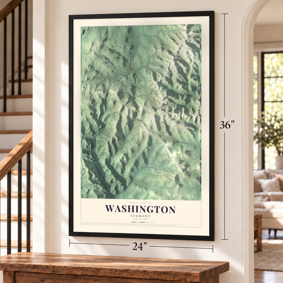 Washington, Vermont map, 24 x 36 inch print in a black frame by a staircase