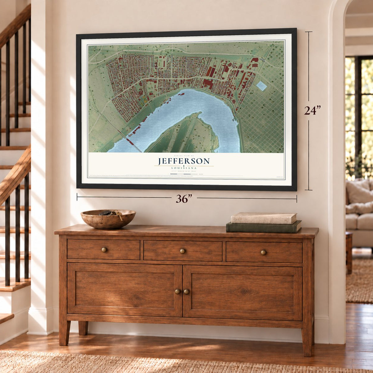 Jefferson, Louisiana map, 24 x 36 inch print in a black frame above a dresser by a staircase